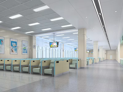 Spacious Modern Hospital Waiting Area With Rows Of Chairs Posters And Screen 3d model
