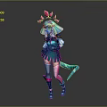 Game Movie Character with Blue Pink Hair Pink Head Accessories Green Black Outfit Long Tail and Boots