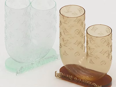 Light Green And Brown Louis Vuitton Glass Vases With Pattern Design And Branded Base 3d model