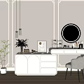 White Vanity With Circular Mirror Drawers Chair And Pendant Lights On Paneled Walls