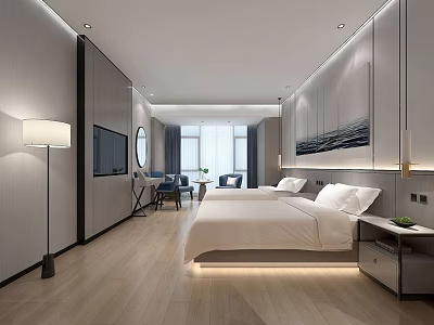 Hotel Guest Room Modern with Bed Nightstand Floor Lamp TV Sofa and Wooden Flooring 3d model