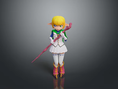 3D Cartoon Character With Blonde Hair Elf Ears Green White Outfit And Pink Staff 3d model
