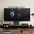 Modern Computer Desktop Setup With Monitor Keyboard Headphones Lamp And Clock