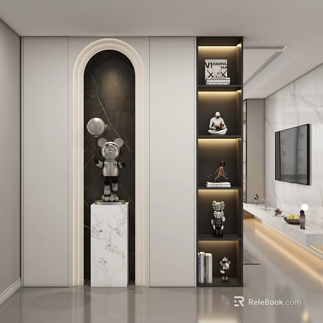 Modern Entryway Side Cabinet With Marble Pedestal LED Lighting And Decorative Figurines 3d model 