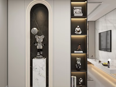 Modern Entryway Side Cabinet With Marble Pedestal LED Lighting And Decorative Figurines 3d model