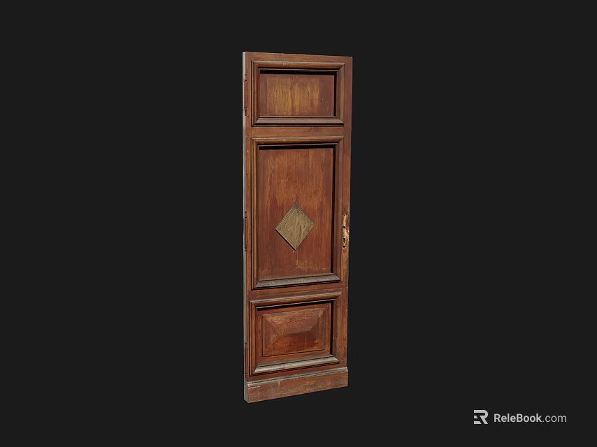 Antique Wooden Door with Diamond Inlay and Carved Decorative Panels 3d model 
