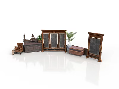 Traditional Architecture Interior Design With Wooden Screen Chest Chair And Green Plants 3d model