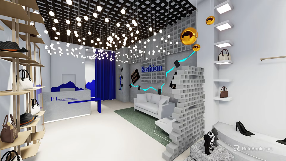 Fashion Store Interior Design With Blue Decor White Sofa And Gold Spherical Lights 3d model 