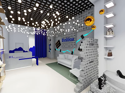 Fashion Store Interior Design With Blue Decor White Sofa And Gold Spherical Lights 3d model