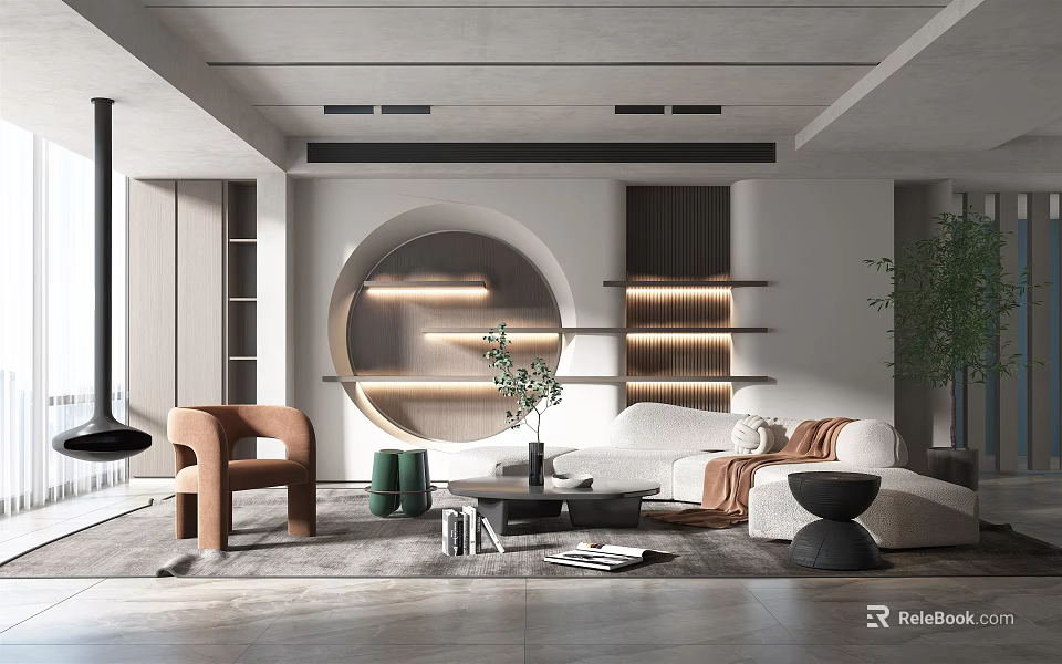 Modern Living Room Interior With Circular Decorative Wall Sofa And Wooden Elements 3d model 