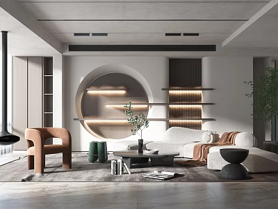 Modern Living Room Interior With Circular Decorative Wall Sofa And Wooden Elements 3d model
