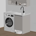 White Washing Machine With Sink Counter And Toiletries On Shelf Above In Wooden Floor Room