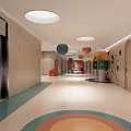 Elevator Corridor with Wooden Walls Circular Skylights and Colorful Floor Patterns 3d model