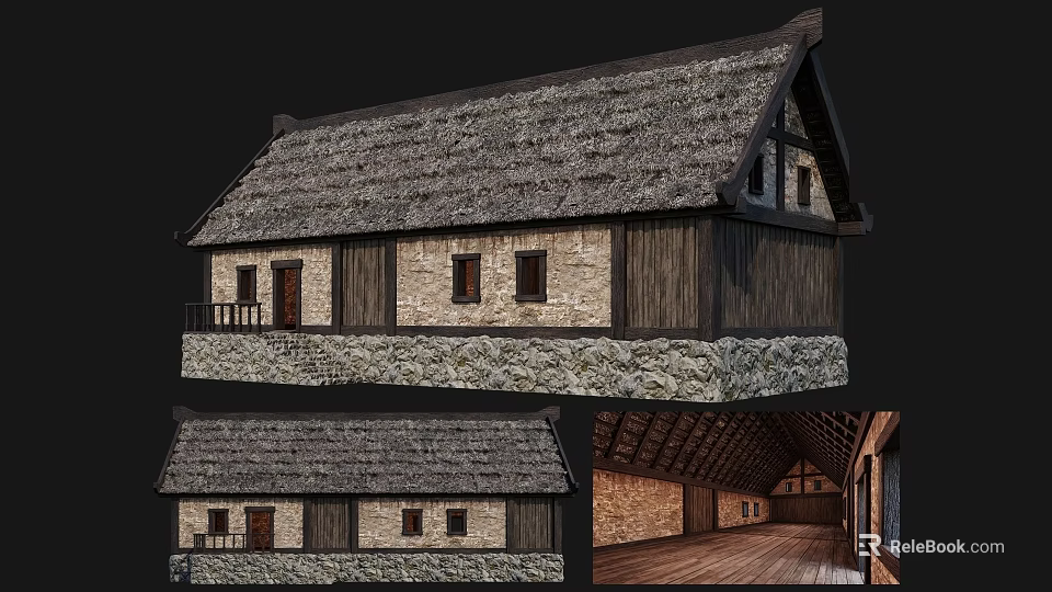 Ancient Traditional Building With Thatched Roof Stone Base Wooden Walls And Interior Design 3d model 