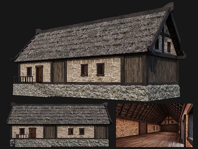 Ancient Traditional Building With Thatched Roof Stone Base Wooden Walls And Interior Design 3d model
