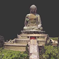 Ancient Architecture Buddha Statue with Stone Base Surrounding Green Vegetation and Steps 3d model