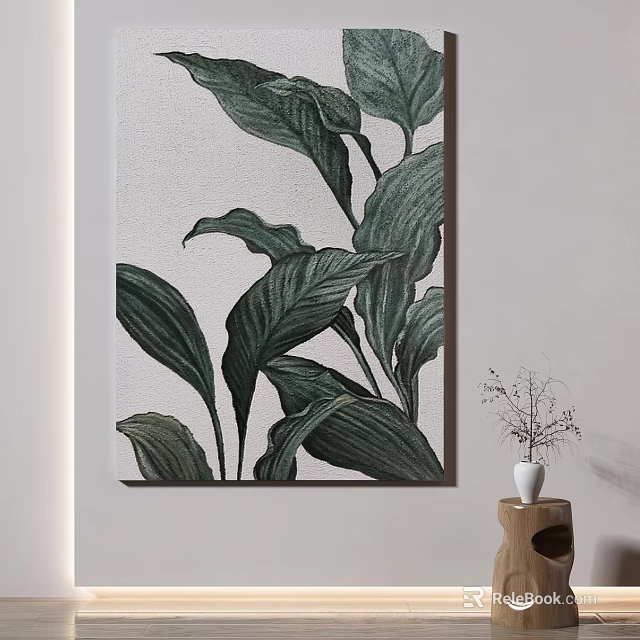 Plant Painting with Large Green Leaves on White Wall and Small Vase in Natural Decor 3d model 