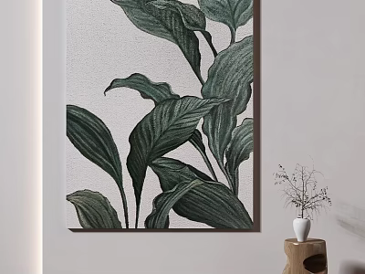 Plant Painting with Large Green Leaves on White Wall and Small Vase in Natural Decor 3d model
