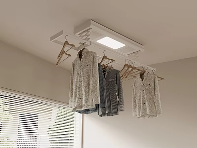 Ceiling Mounted Clothes Hanger With LED Light Hanging Clothes In Indoor Room With Blinds Window 3d model