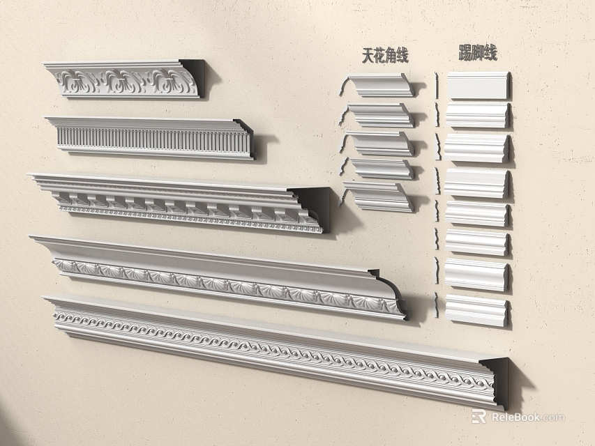 Various Styles Of Gypsum Cornice With Ceiling And Skirting Lines 3d model 