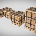 Set of Four Wooden Storage Crates With Black Strapping And Pallet Bases In Various Sizes