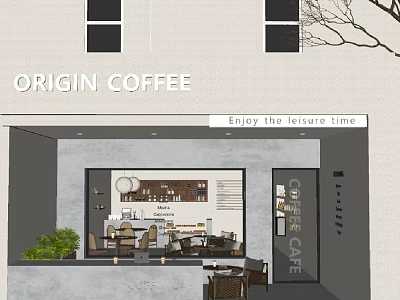 Origin Coffee Cozy Interior Outdoor Seating With Coffee Bar Tables Chairs Green Plants 3d model