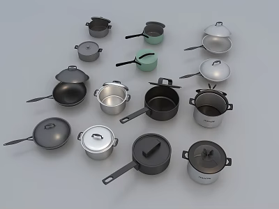 Assorted Cookware Collection Featuring Black Silver Green Pots And Pans Displayed 3d model