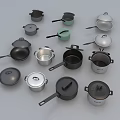 Assorted Cookware Collection Featuring Black Silver Green Pots And Pans Displayed 3d model