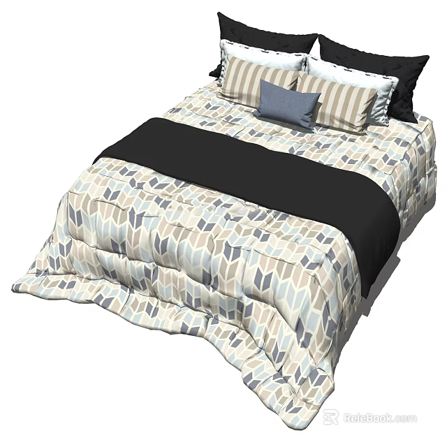 Elegant Double Bed With Geometric Pattern Quilt Striped And Blue Pillows Black Accent 3d model 