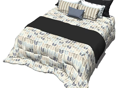 Elegant Double Bed With Geometric Pattern Quilt Striped And Blue Pillows Black Accent 3d model