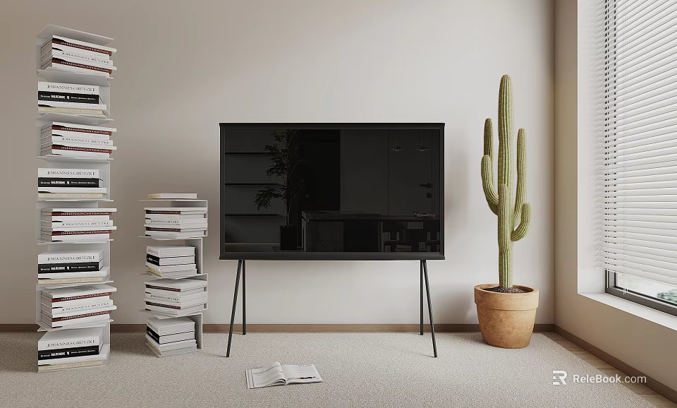 Black TV With Stand In Minimalist Living Room With Books 3d model 