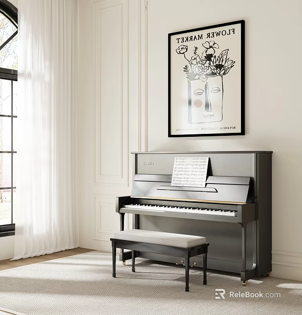 Elegant Piano and Wall Painting in Interior Room with Sheet Music Bench Window and Curtain 3d model 