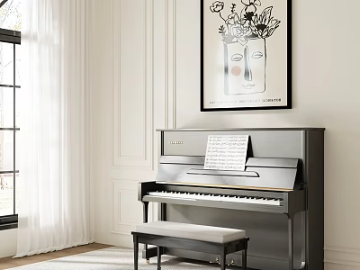 Elegant Piano and Wall Painting in Interior Room with Sheet Music Bench Window and Curtain 3d model