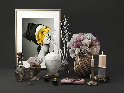 Modern Elegant Decorative Ornament Set with Framed Art Vase Roses and Candle Holder 3d model