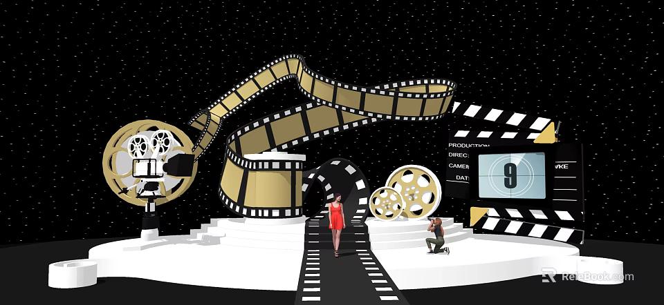 Movie Themed Photo Spot With Film Reel Camera And Clapperboard Decor 3d model 