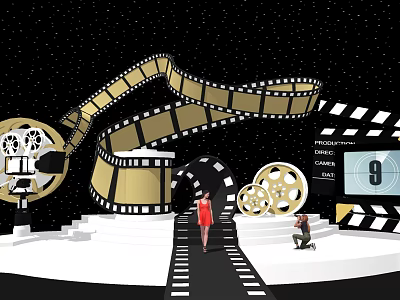 Movie Themed Photo Spot With Film Reel Camera And Clapperboard Decor 3d model
