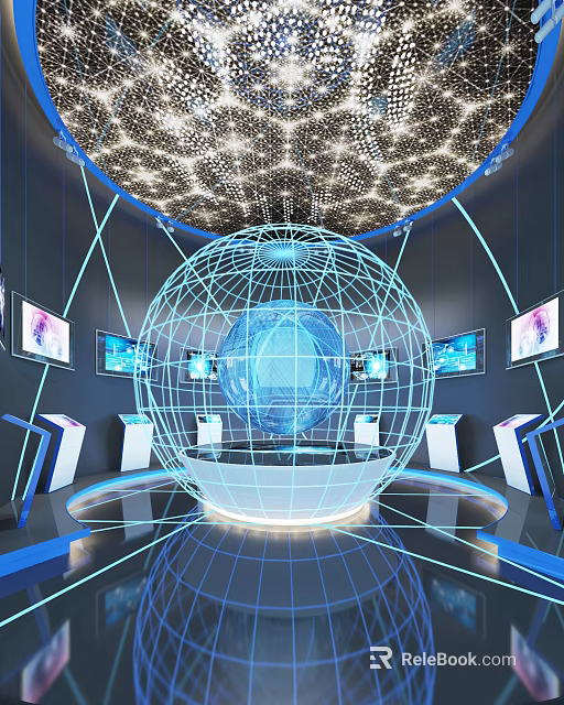 Modern Exhibition Hall With Wireframe Sphere Digital Screens And Ceiling Light Design 3d model 