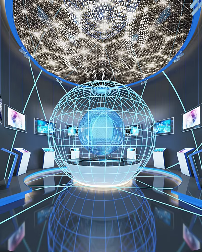 Modern Exhibition Hall With Wireframe Sphere Digital Screens And Ceiling Light Design 3d model