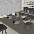 Modern Kitchen Countertop Displaying Multiple Appliances Eggs Cookies And Shelves With Jars Condiments