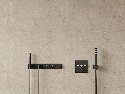 Black Shower System Mounted On Beige Textured Wall With Handheld Shower And Control Panel 3d model