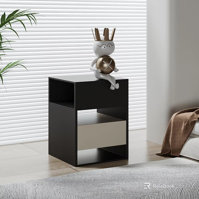 Modern Black Bedside Table With Drawer Storage Shelf And Decorative Figurine 3d model 