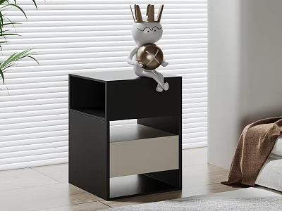 Modern Black Bedside Table With Drawer Storage Shelf And Decorative Figurine 3d model