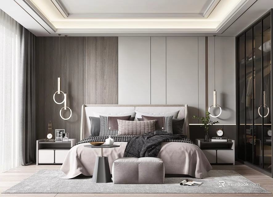 Modern Neutral Bedroom Interior Design With Decorative Pendant Lights Nightstands And Soft Rug 3d model 