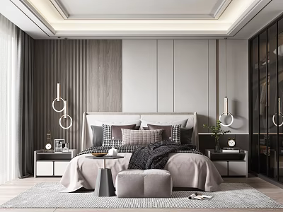 Modern Neutral Bedroom Interior Design With Decorative Pendant Lights Nightstands And Soft Rug 3d model