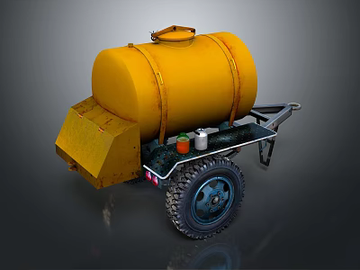Yellow Tanker Cart With Large Barrel Lid Wheels And Small Containers 3d model