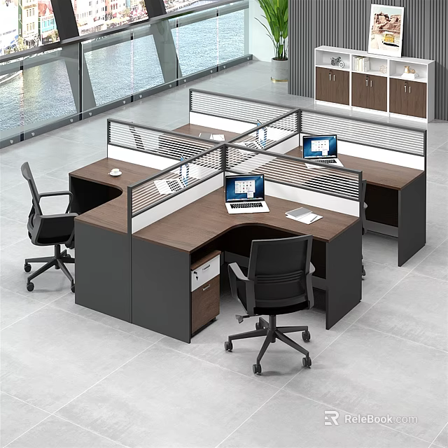 Modern Office Workstation Desk With Modular Cubicles Computers And Ergonomic Chairs 3d model 