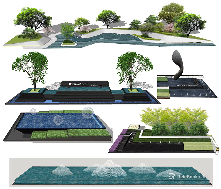 Garden Features Design With Water Pool Trees Steps And Green Plants 3d model