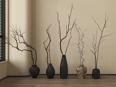 Stylish Ceramic Vases With Dried Branches Against Light Colored Walls And Wooden Floor 3d model