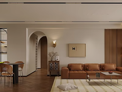 Modern Open Concept Living Dining Room With Brown Sofa Dining Table Art And Wooden Floor 3d model