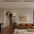 Modern Open Concept Living Dining Room With Brown Sofa Dining Table Art And Wooden Floor
